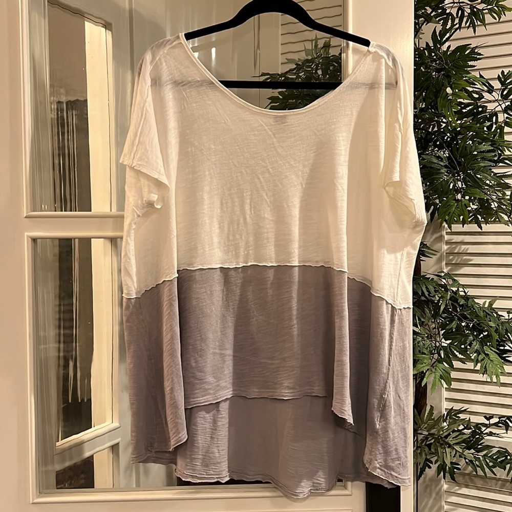 Free People Oversized Cream and Grey T-Shirt Tee Top